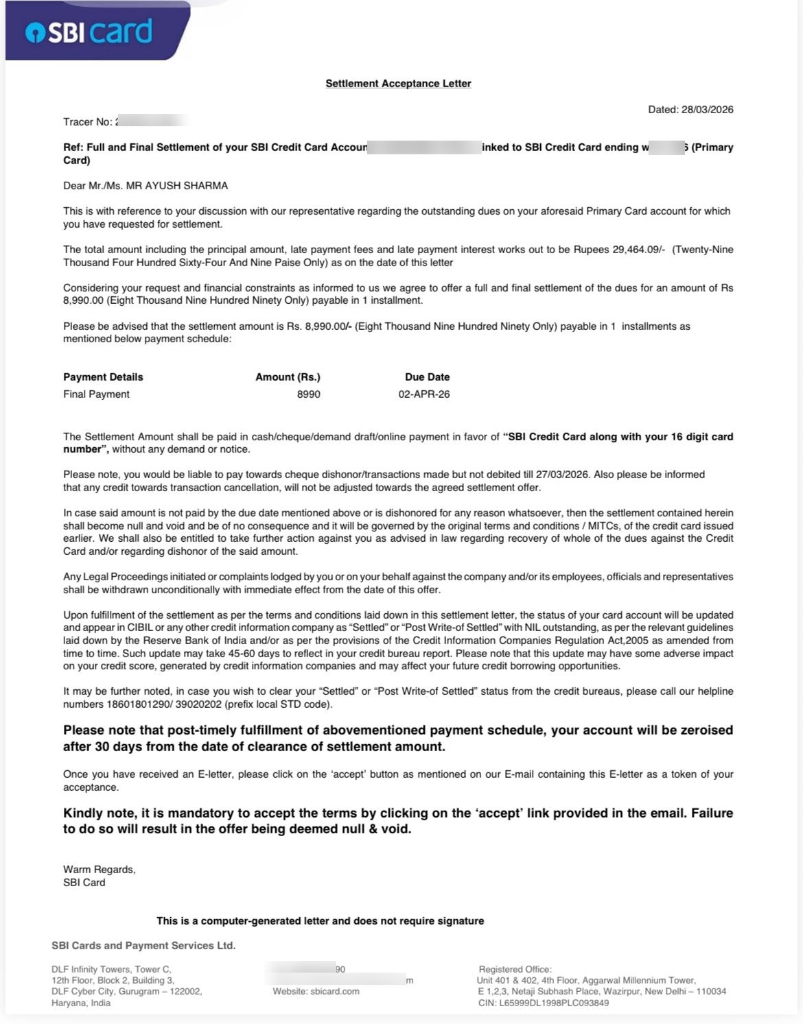 Ayush SBI Card settlement letter