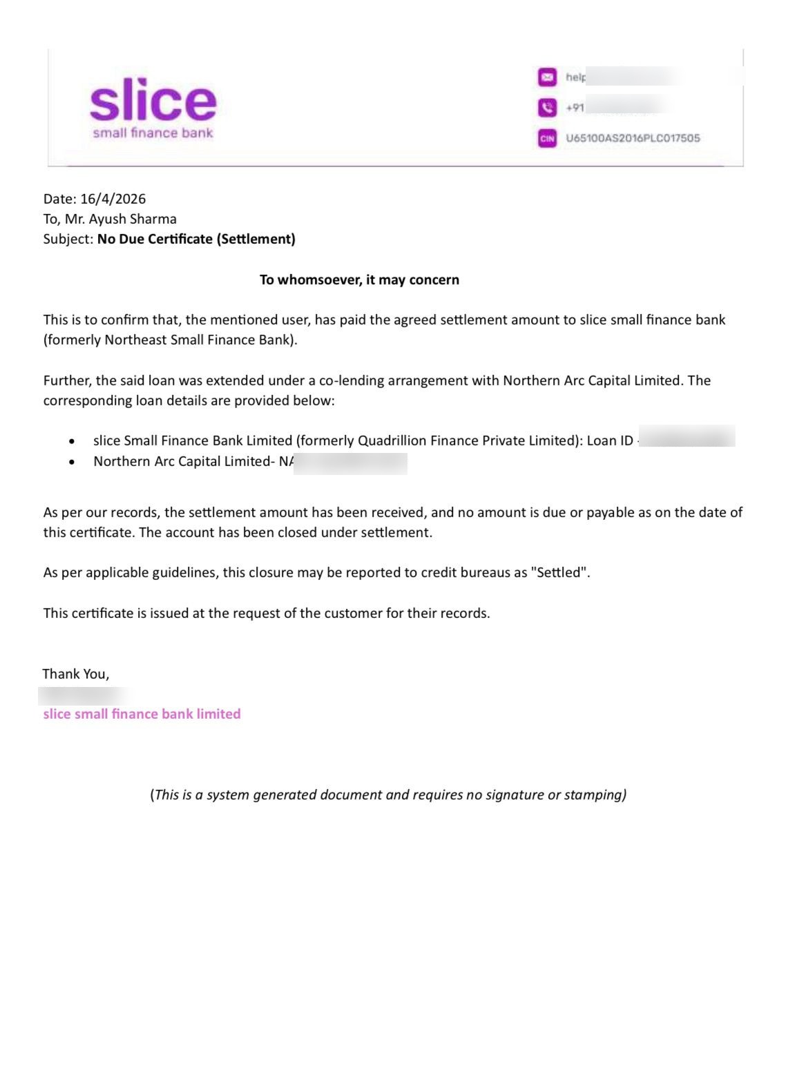 Settlement letter, redacted