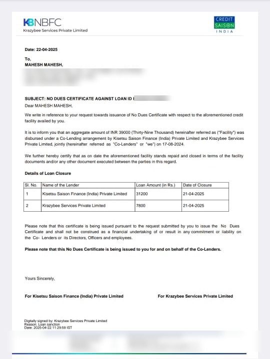 Mahesh KrazyBee NOC letter