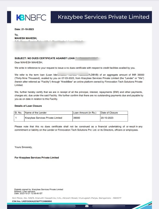 Mahesh KrazyBee NOC letter