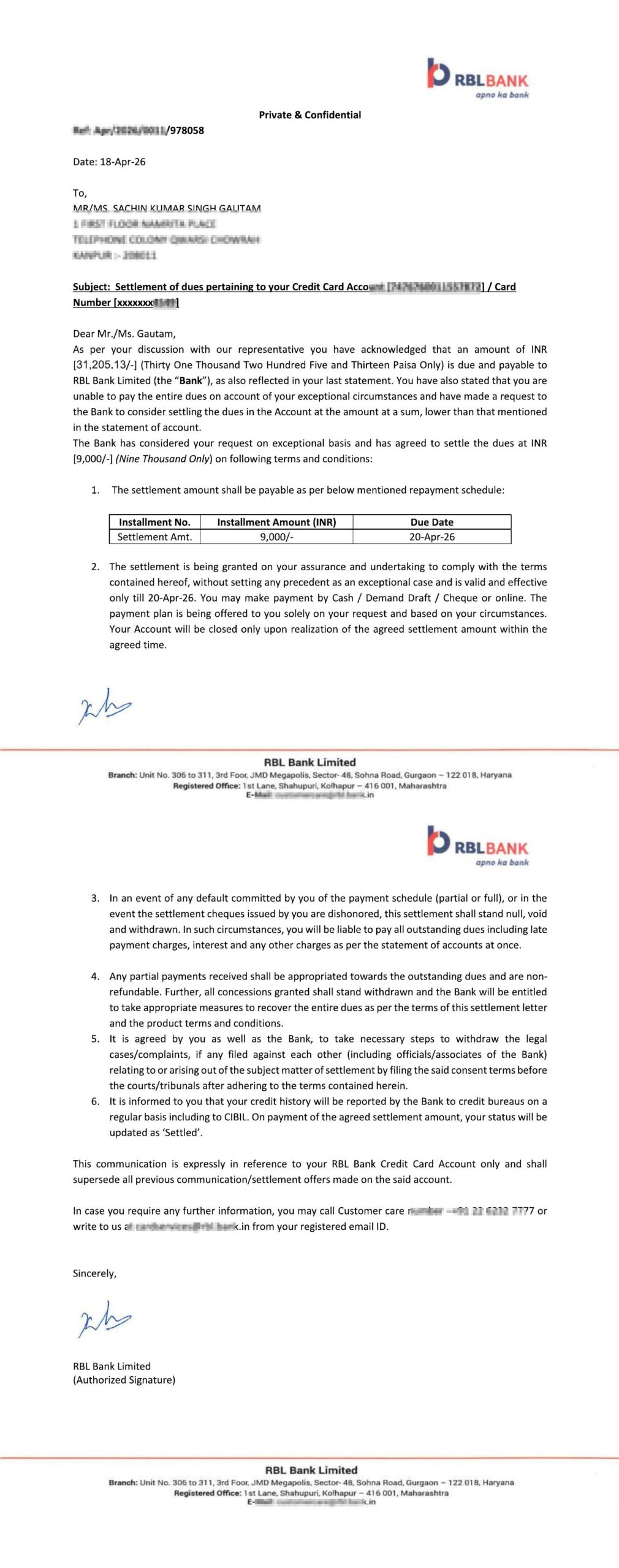 Sachin RBL Bank settlement letter
