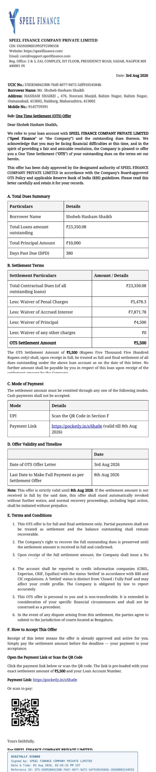 Shoheb SpeelFinance OTS letter